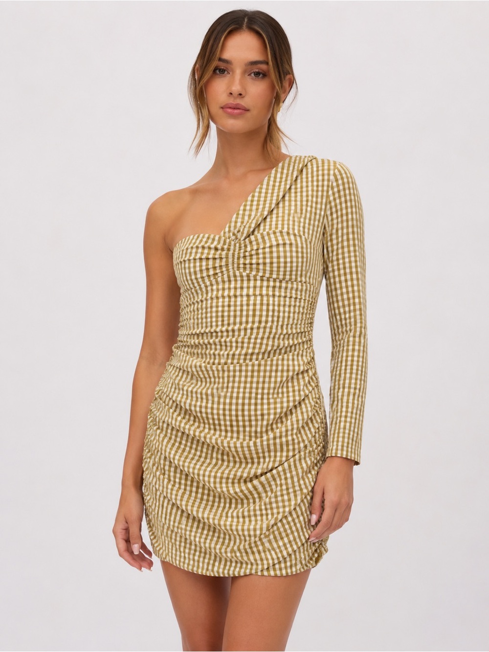 Atoir One-Shoulder Gingham Mini Dress in Mustard Check